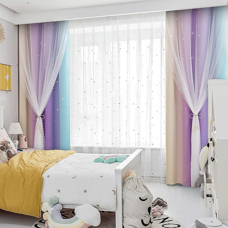 Anjee Curtains for Girls 2 in 1 Double Layer Cutout Star Light Blocking Ombre Grommets Top Drape with Lace Sheer Voile Gauze for Living Room Kids Bedroom 2 Panels 52 X 84 Inch, Blue Purple
