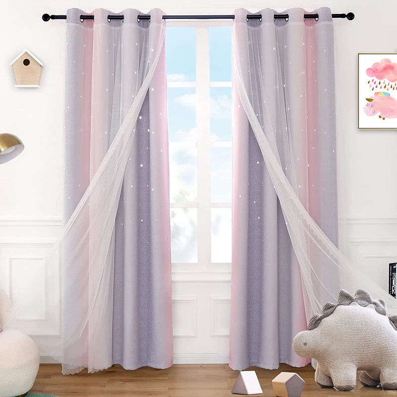 Anjee Curtains for Girls 2 in 1 Double Layer Cutout Star Light Blocking Ombre Grommets Top Drape with Lace Sheer Voile Gauze for Living Room Kids Bedroom 2 Panels 52 X 84 Inch, Blue Purple Home & Garden > Decor > Window Treatments > Curtains & Drapes Anjee Pink/Grey/White W52'' x L84‘’ 