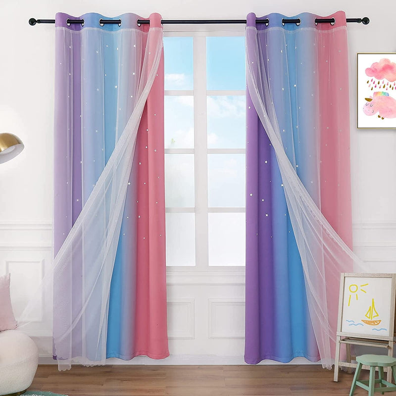 Anjee Curtains for Girls 2 in 1 Double Layer Cutout Star Light Blocking Ombre Grommets Top Drape with Lace Sheer Voile Gauze for Living Room Kids Bedroom 2 Panels 52 X 84 Inch, Blue Purple Home & Garden > Decor > Window Treatments > Curtains & Drapes Anjee Purple/Blue/Pink W52'' x L63‘’ 