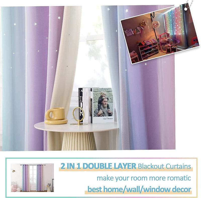 Anjee Curtains for Girls 2 in 1 Double Layer Cutout Star Light Blocking Ombre Grommets Top Drape with Lace Sheer Voile Gauze for Living Room Kids Bedroom 2 Panels 52 X 84 Inch, Blue Purple Home & Garden > Decor > Window Treatments > Curtains & Drapes Anjee   