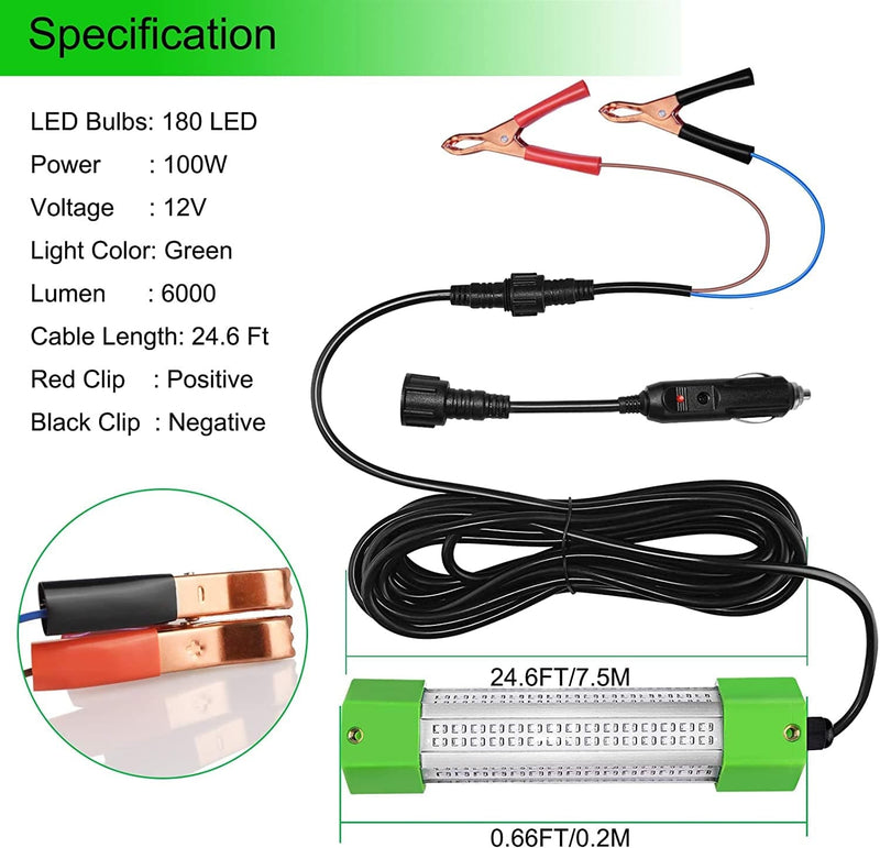 Ankey 12V 100W 6000 Lumen IP68 Led Fish Bait Crappie Luring Light Submersible Fishing Light Attractants Underwater Night Fishing Lure Bait Finder with Super Long 24.6 Ft Power Cord