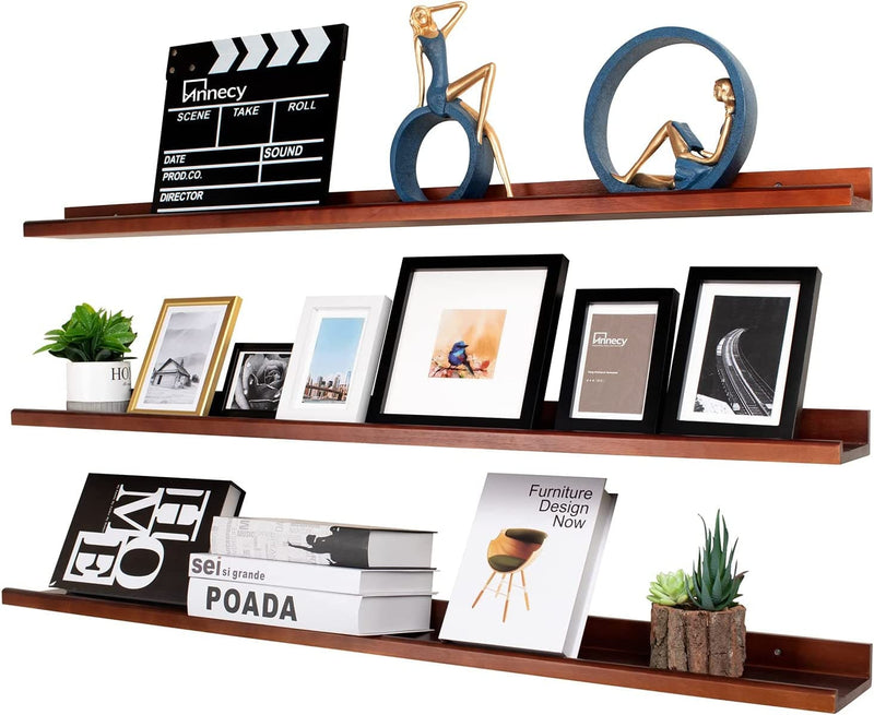 Annecy Floating Shelves Wall Mounted Set of 3, 24 Inch Dark Walnut Solid Wood Shelves for Wall, Wall Storage Shelves with Lip Design for Bedroom, Bathroom, Kitchen, Office, 3 Different Sizes Furniture > Shelving > Wall Shelves & Ledges Annecy Dark Walnut 47 inch 