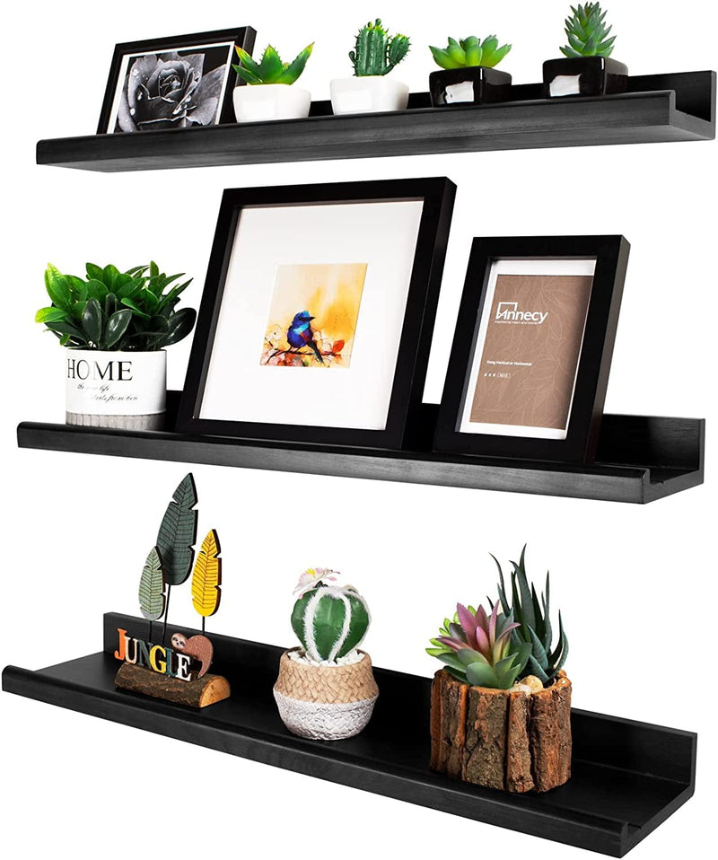 Annecy Floating Shelves Wall Mounted Set of 3, 24 Inch Dark Walnut Solid Wood Shelves for Wall, Wall Storage Shelves with Lip Design for Bedroom, Bathroom, Kitchen, Office, 3 Different Sizes Furniture > Shelving > Wall Shelves & Ledges Annecy Black 24 inch 