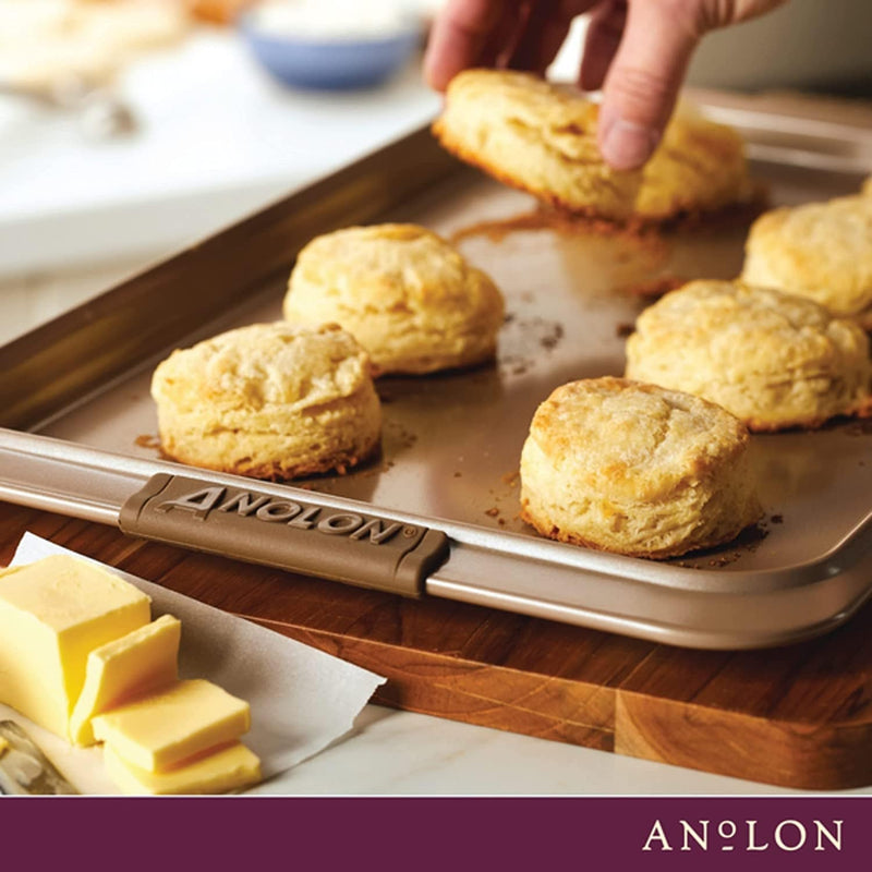 Anolon Advanced Nonstick Bakeware Cookie Pan Set/Baking Sheets with Silicone Grips, 11" X 17", Bronze
