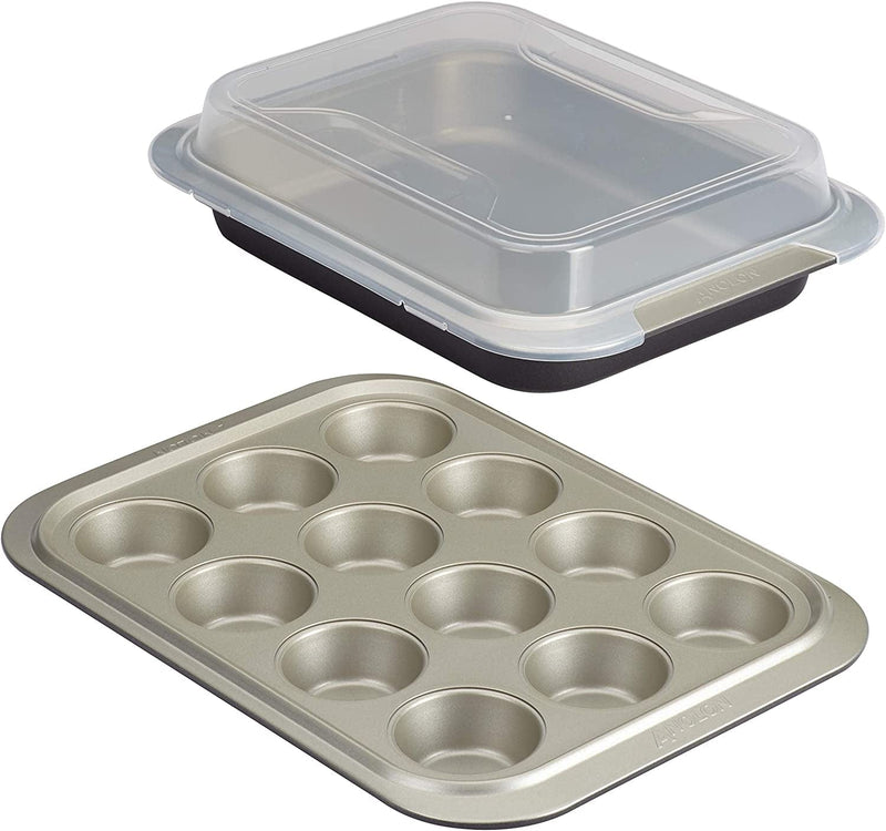 Anolon Allure Nonstick Bakeware Set Includes Nonstick Baking Pan with Lid and Muffin/Cupcake Pan - 3 Piece, Onyx/Black/Pewter Home & Garden > Kitchen & Dining > Cookware & Bakeware Anolon Onyx/Black/Pewter 3 Piece 