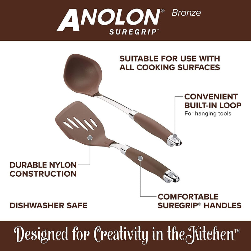 Anolon Suregrip Nonstick Utensil Kitchen Cooking Tools Set, 6 Piece, Bronze Brown,46346