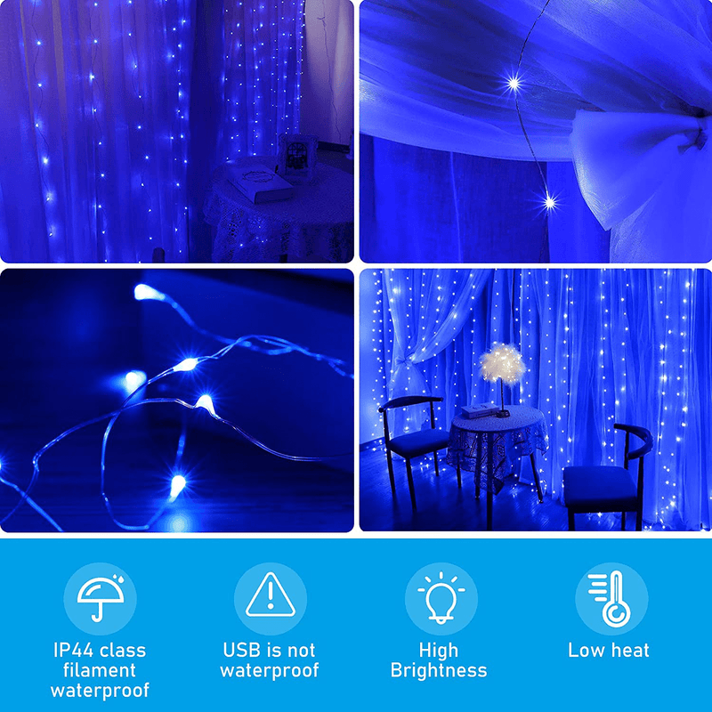 Anpro LED Curtain Light, 3Mx3M 300 Led,With 8 Light Modes, Remote Control, USB Power Supply, Backdrop Window String Lights with USB Remote Control, for Valentine'S Day, Bedroom, Weddings, Christmas