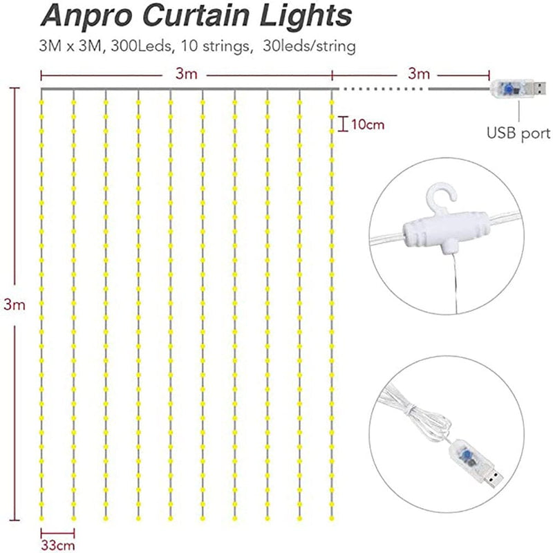 Anpro LED Curtain Lights, 300 LED Warm White Window Fairy String Lights with 8 Modes, USB Powered LED Curtain Lights for Christmas, Party, Wedding, Bedroom Decoration 9.8 X 9.8 Ft Home & Garden > Decor > Seasonal & Holiday Decorations Anpro   