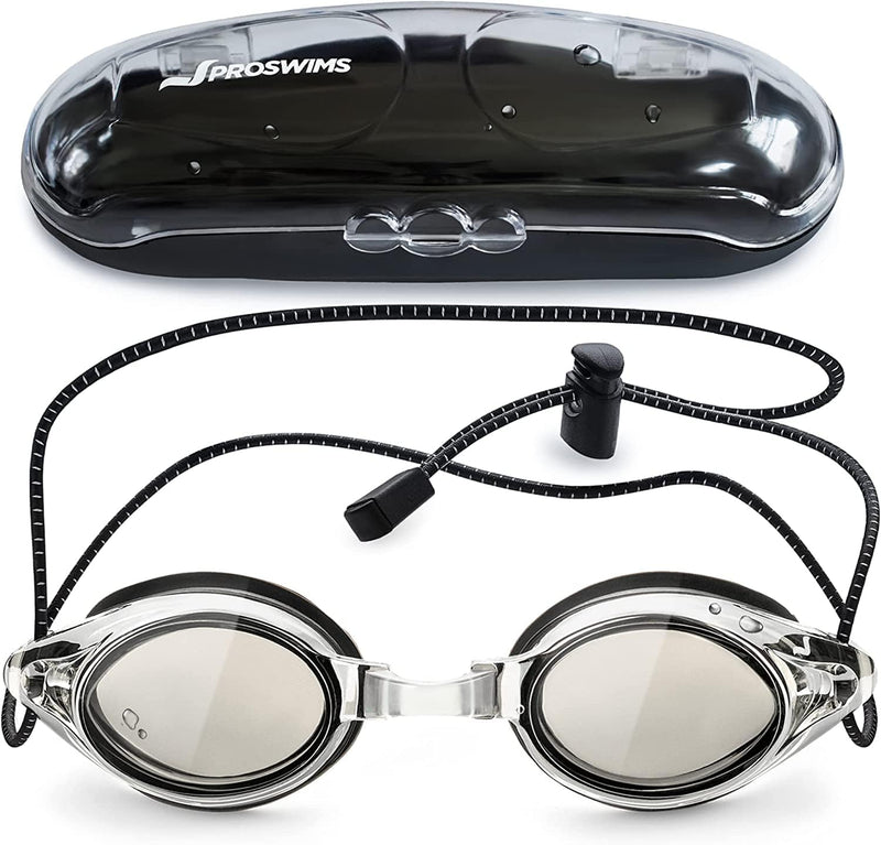Anti-Fog Racing Swimming Goggles - by Proswims with Bungee Strap, Hard Case and Bonus Swim Goggles Microfiber Cleaning Cloth Sporting Goods > Outdoor Recreation > Boating & Water Sports > Swimming > Swim Goggles & Masks Proswims Gray  