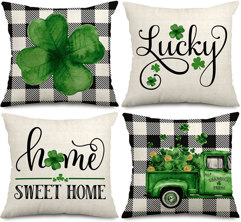 Anydesign St. Patrick'S Day Pillow Cover 18 X 18 Inch Buffalo Check Clover Truck Throw Pillow Case Lucky Home Decorative Pillow Case Farmhouse Cushion Cover for Home Office Sofa, 4 Pack Arts & Entertainment > Party & Celebration > Party Supplies AnyDesign   