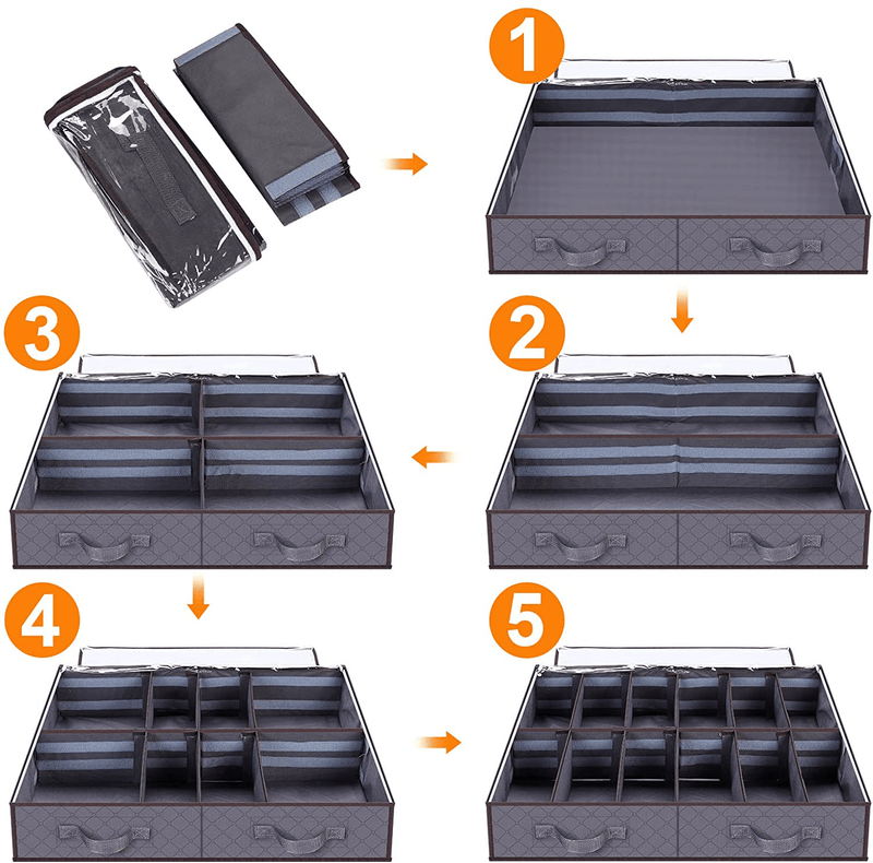 Anyoneer under Bed Shoe Storage Organizer, Set of 2, Sturdy Structure, Adjustable Dividers, Reinforced Handle, Sturdy Zipper, Fits 24 Pairs Total, Underbed Storage Solution with Clear Window, Breathable, Gray Furniture > Cabinets & Storage > Armoires & Wardrobes Anyoneer   