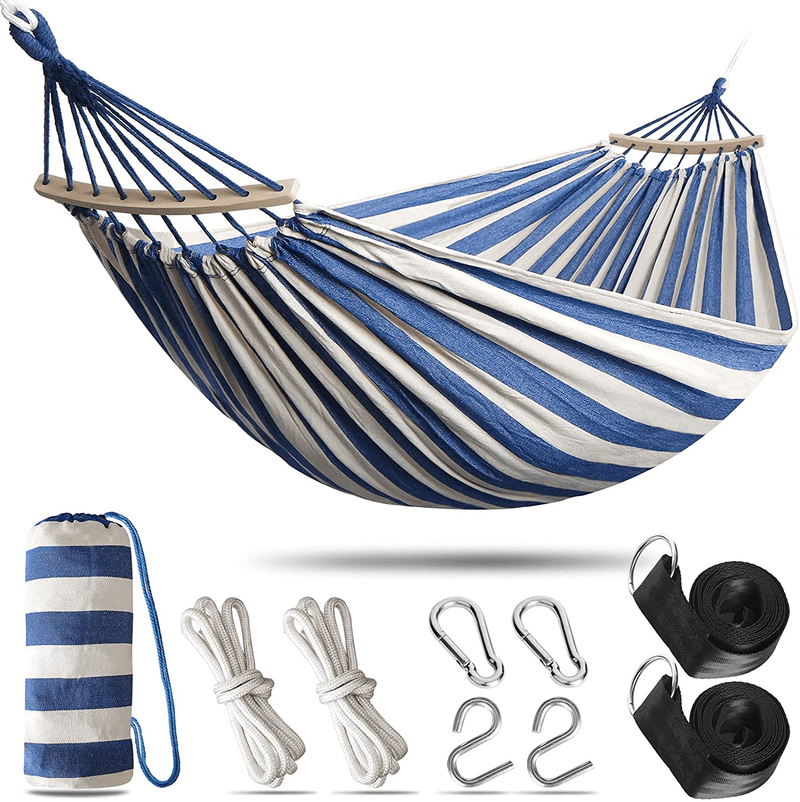 Anyoo Garden Cotton Hammock Comfortable Fabric Hammock with Spreader Bar Durable Hammock Up to 450lbs Portable Lightweight Hammock with Travel Bag,Perfect for Camping Outdoor/Indoor Patio Backyard Home & Garden > Lawn & Garden > Outdoor Living > Hammocks ANYOO Blue White  