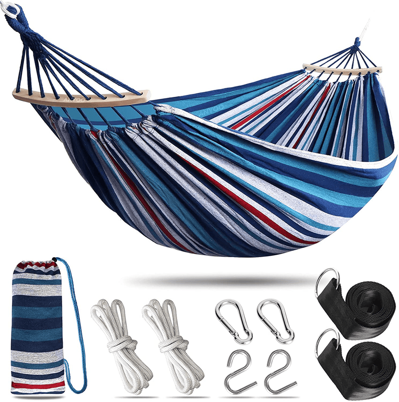 Anyoo Garden Cotton Hammock Comfortable Fabric Hammock with Spreader Bar Durable Hammock Up to 450lbs Portable Lightweight Hammock with Travel Bag,Perfect for Camping Outdoor/Indoor Patio Backyard Home & Garden > Lawn & Garden > Outdoor Living > Hammocks ANYOO Blue Red White  