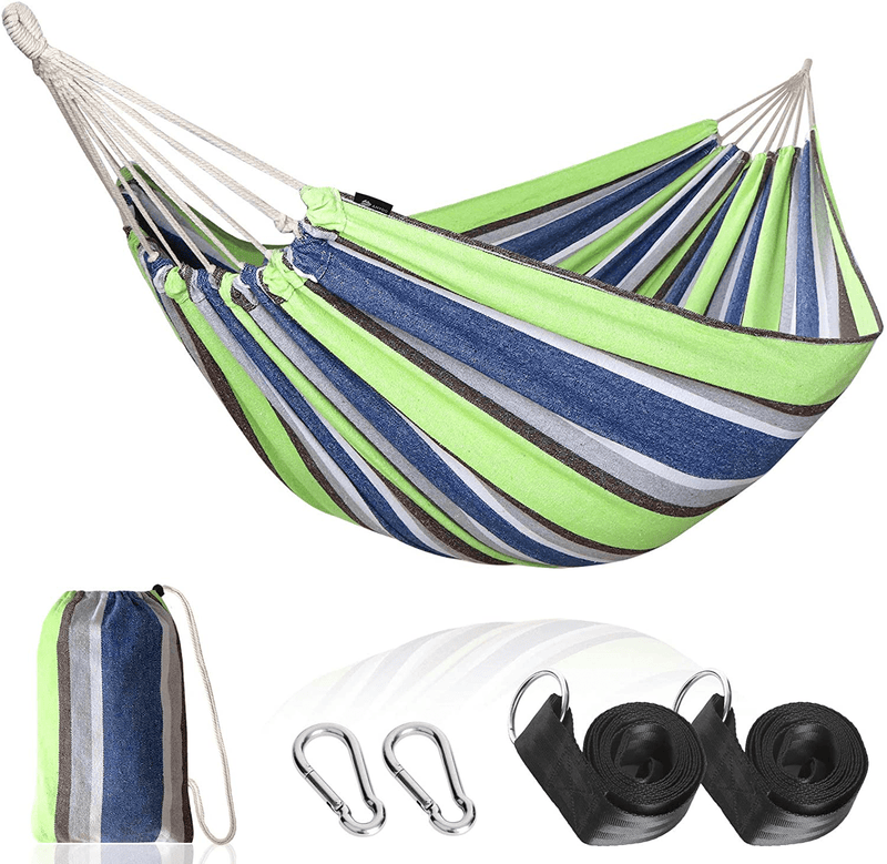 Anyoo Garden Cotton Hammock Comfortable Fabric Hammock with Tree Straps for Hanging Durable Hammock Up to 450lbs Portable Hammock with Travel Bag,Perfect for Camping Outdoor/Indoor Patio Backyard Home & Garden > Lawn & Garden > Outdoor Living > Hammocks ANYOO Green White Blue  