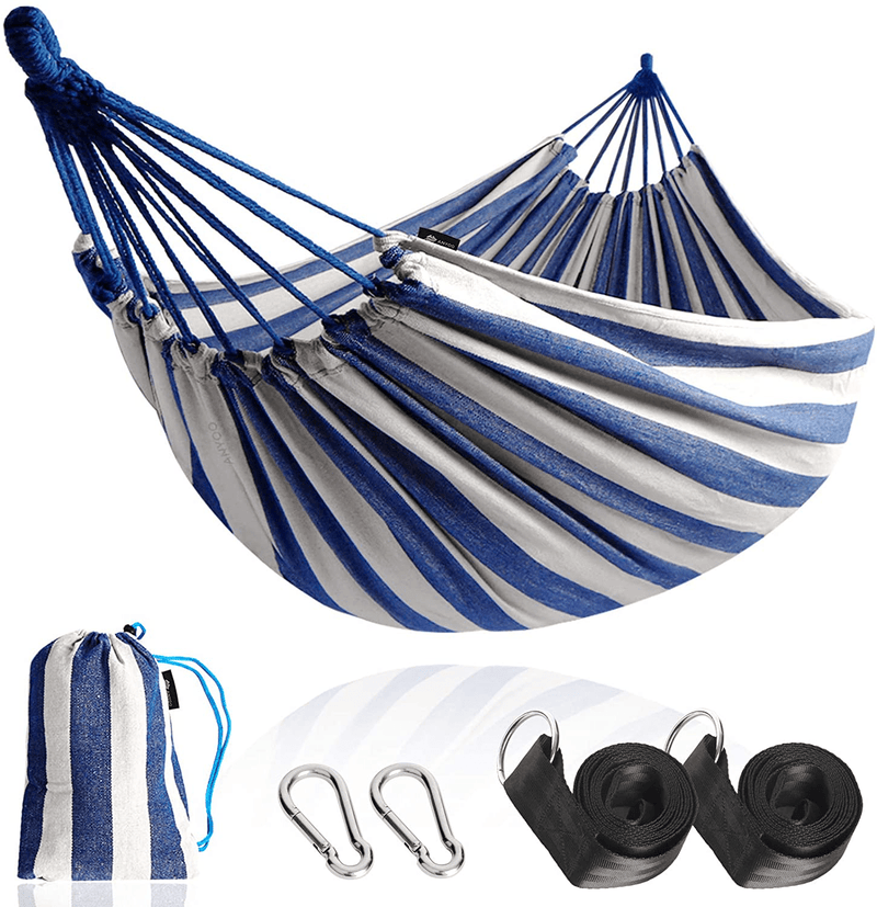 Anyoo Garden Cotton Hammock Comfortable Fabric Hammock with Tree Straps for Hanging Durable Hammock Up to 450lbs Portable Hammock with Travel Bag,Perfect for Camping Outdoor/Indoor Patio Backyard Home & Garden > Lawn & Garden > Outdoor Living > Hammocks ANYOO Blue/White  