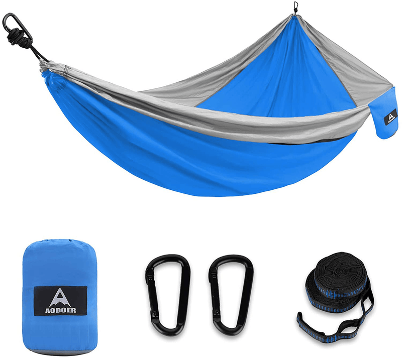 Aodoer Camping Hammock - Travel Hammock with 2 Tree Straps, Single Hammock, Durable Nylon Parachute Portable Hammock for Outdoor, Hiking, Backpacking, Yard (Black & Grey)