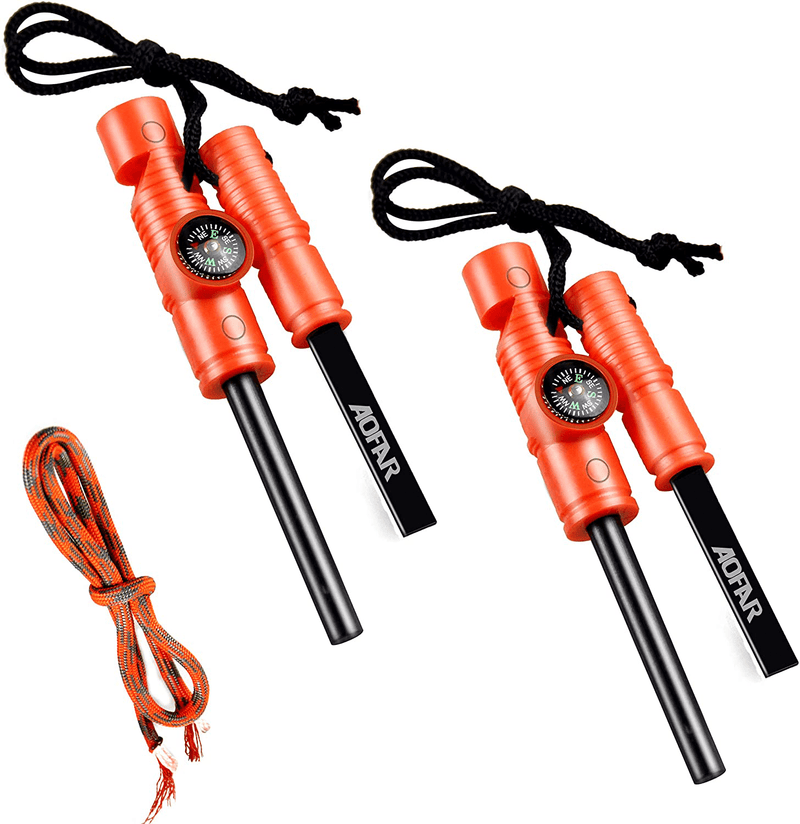AOFAR Fire Starter AF-381 Fire Steel 5-In-1 for Camping, Hiking, Hunting, Backpacking, Boating, Outdoor Magnesium Survival Rod with Fire Paracord, Compass and Whistle, Waterproof (2-Pack) Sporting Goods > Outdoor Recreation > Camping & Hiking > Camping Tools AOFAR   