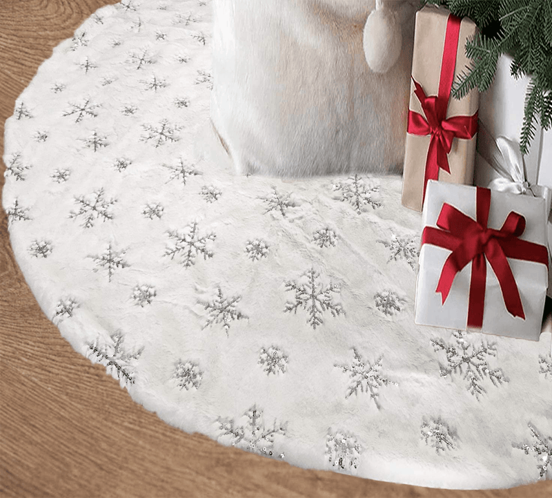 AOGU 48 Inch Sequin Faux Fur Christmas Tree Skirt Decoration for Merry Christmas Party White Plush Silver Sequin Snowflake Xmas Christmas Tree Skirt Decorations Home & Garden > Decor > Seasonal & Holiday Decorations > Christmas Tree Skirts AOGU Silver Snowflake  