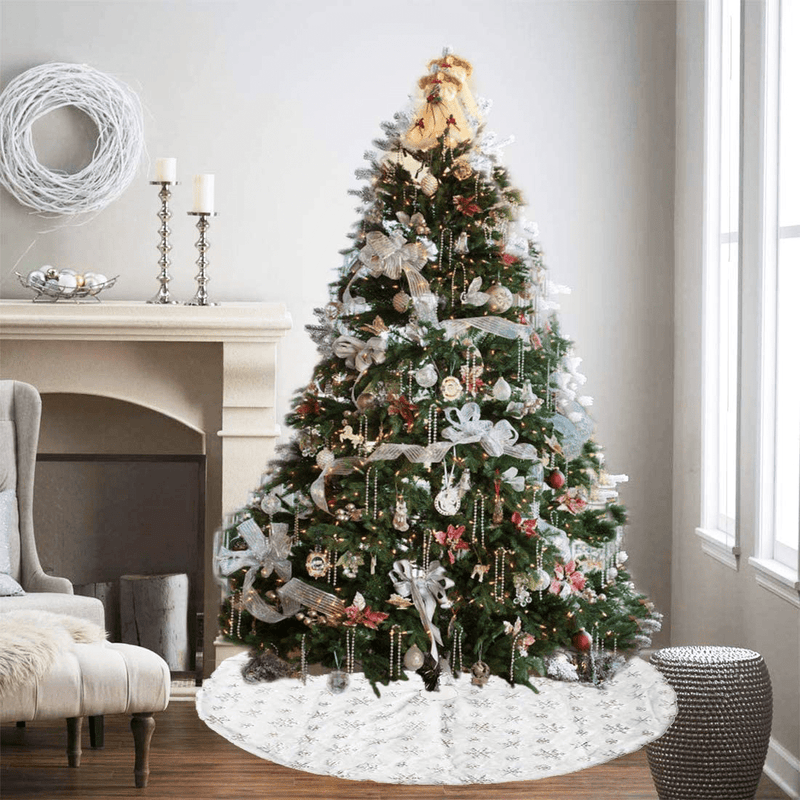AOGU 48 Inch Sequin Faux Fur Christmas Tree Skirt Decoration for Merry Christmas Party White Plush Silver Sequin Snowflake Xmas Christmas Tree Skirt Decorations Home & Garden > Decor > Seasonal & Holiday Decorations > Christmas Tree Skirts AOGU   