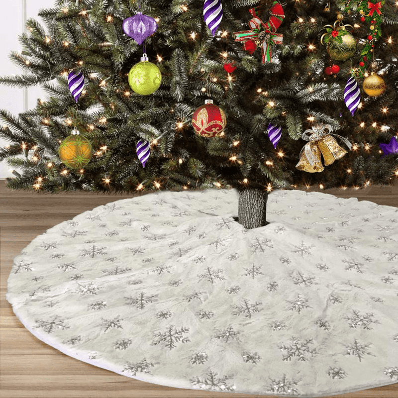 AOGU 48 Inch Sequin Faux Fur Christmas Tree Skirt Decoration for Merry Christmas Party White Plush Silver Sequin Snowflake Xmas Christmas Tree Skirt Decorations Home & Garden > Decor > Seasonal & Holiday Decorations > Christmas Tree Skirts AOGU   