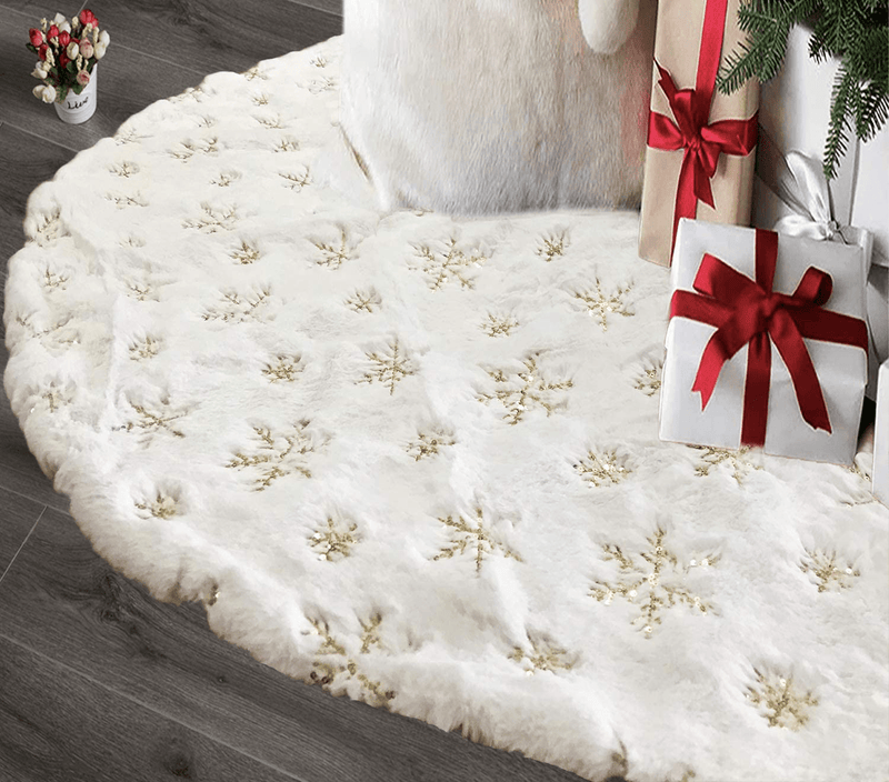 AOGU 48 Inch Sequin Faux Fur Christmas Tree Skirt Decoration for Merry Christmas Party White Plush Silver Sequin Snowflake Xmas Christmas Tree Skirt Decorations Home & Garden > Decor > Seasonal & Holiday Decorations > Christmas Tree Skirts AOGU Golden Snowflake  