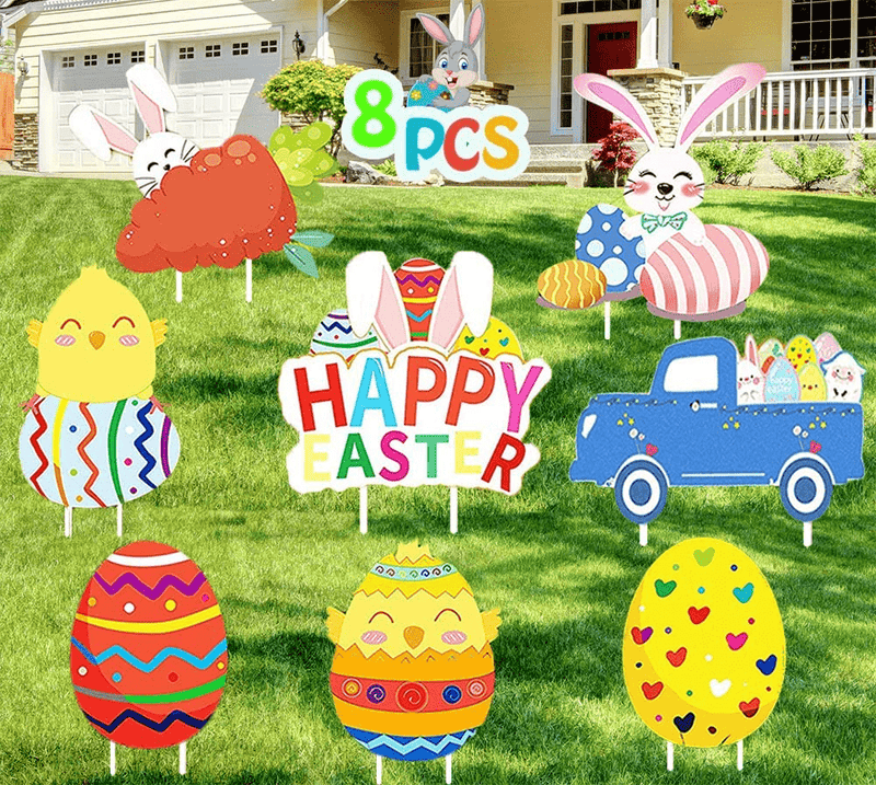 AOGU Easter Yard Signs Decorations Outdoor 8Pc Bunny Egg Chick Garden Lawn Stake Signs for Easter Hunt Game Party Supplies Decor Easter Props