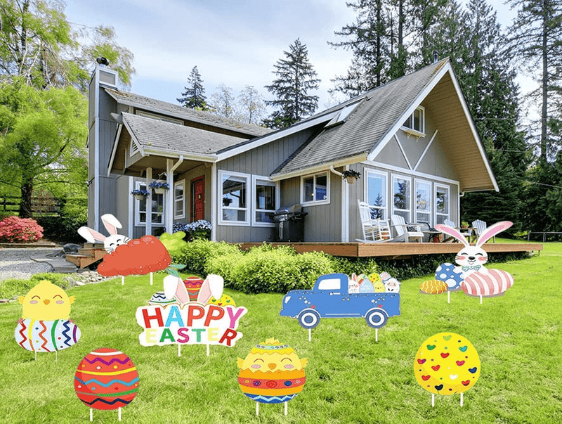 AOGU Easter Yard Signs Decorations Outdoor 8Pc Bunny Egg Chick Garden Lawn Stake Signs for Easter Hunt Game Party Supplies Decor Easter Props Home & Garden > Decor > Seasonal & Holiday Decorations AOGU   