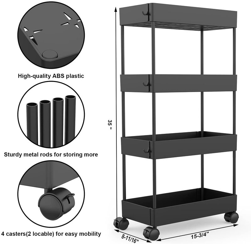 AOJIA 4 Tier Slide Out Storage Cart, Bathroom Storage Organizer Rolling Utility Cart, Bathroom Storage Cart with Wheels (Black)