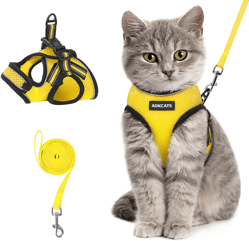 AOKCATS Cat Harness and Leash for Walking Escape Proof, Soft Adjustable Cat Leash and Harness Set with Reflective Strip & Hook and Loop Cat Vest Harness and Leash for Cats Kitten Small Pet Animals & Pet Supplies > Pet Supplies > Cat Supplies > Cat Apparel AOKCATS Yellow Medium (Pack of 1) 