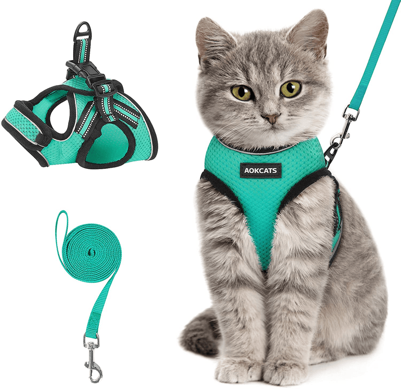 AOKCATS Cat Harness and Leash for Walking Escape Proof, Soft Adjustable Cat Leash and Harness Set with Reflective Strip & Hook and Loop Cat Vest Harness and Leash for Cats Kitten Small Pet Animals & Pet Supplies > Pet Supplies > Cat Supplies > Cat Apparel AOKCATS Emerald Medium (Pack of 1) 