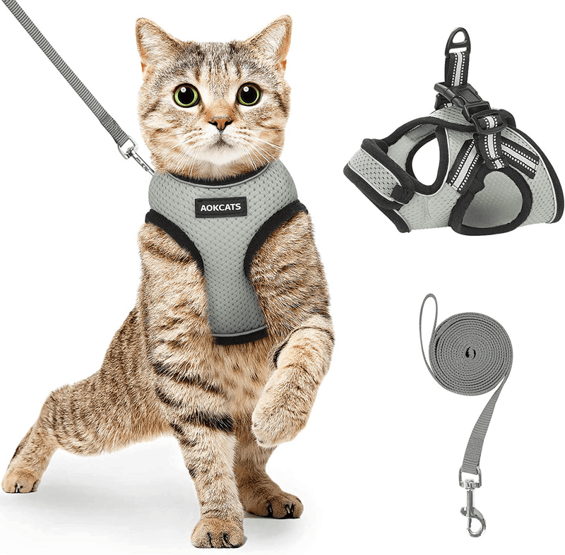 AOKCATS Cat Harness and Leash for Walking Escape Proof, Soft Adjustable Cat Leash and Harness Set with Reflective Strip & Hook and Loop Cat Vest Harness and Leash for Cats Kitten Small Pet Animals & Pet Supplies > Pet Supplies > Cat Supplies > Cat Apparel AOKCATS Grey Small (Pack of 1) 