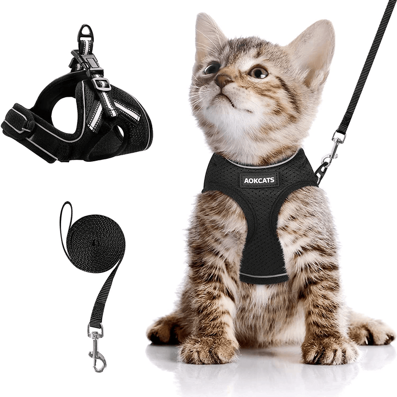 AOKCATS Cat Harness and Leash for Walking Escape Proof, Soft Adjustable Cat Leash and Harness Set with Reflective Strip & Hook and Loop Cat Vest Harness and Leash for Cats Kitten Small Pet Animals & Pet Supplies > Pet Supplies > Cat Supplies > Cat Apparel AOKCATS Black Small (Pack of 1) 