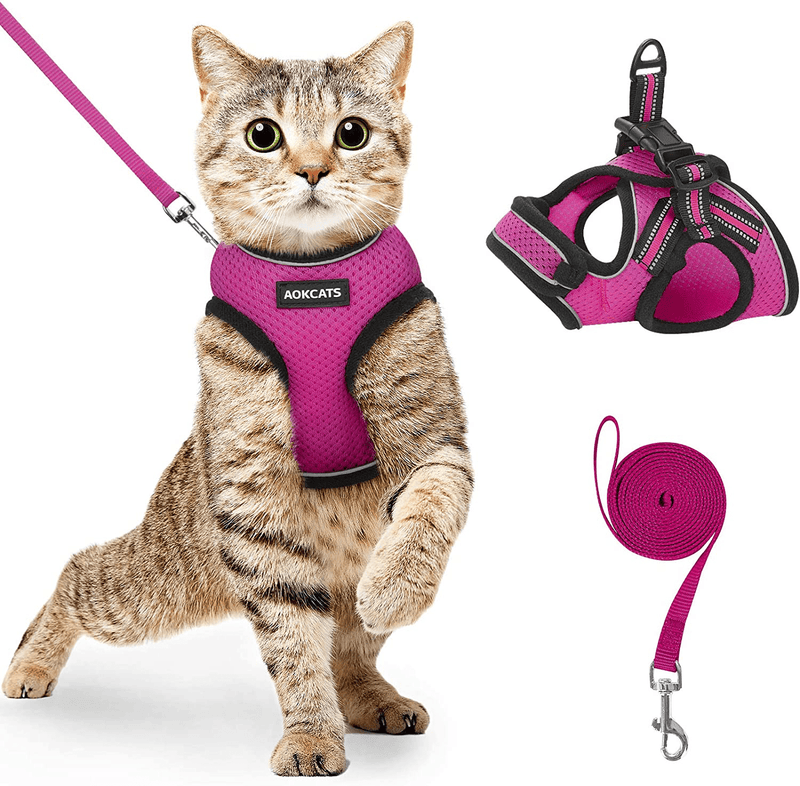 AOKCATS Cat Harness and Leash for Walking Escape Proof, Soft Adjustable Cat Leash and Harness Set with Reflective Strip & Hook and Loop Cat Vest Harness and Leash for Cats Kitten Small Pet Animals & Pet Supplies > Pet Supplies > Cat Supplies > Cat Apparel AOKCATS Rose Red Small (Pack of 1) 
