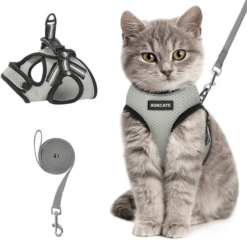 AOKCATS Cat Harness and Leash for Walking Escape Proof, Soft Adjustable Cat Leash and Harness Set with Reflective Strip & Hook and Loop Cat Vest Harness and Leash for Cats Kitten Small Pet Animals & Pet Supplies > Pet Supplies > Cat Supplies > Cat Apparel AOKCATS Grey Medium (Pack of 1) 