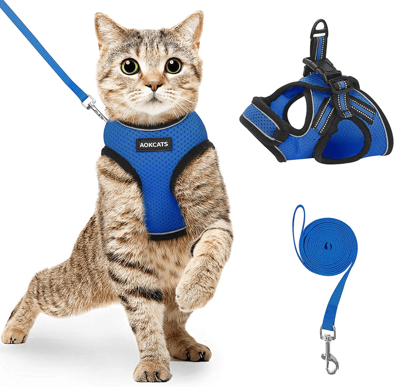 AOKCATS Cat Harness and Leash for Walking Escape Proof, Soft Adjustable Cat Leash and Harness Set with Reflective Strip & Hook and Loop Cat Vest Harness and Leash for Cats Kitten Small Pet Animals & Pet Supplies > Pet Supplies > Cat Supplies > Cat Apparel AOKCATS Blue Small (Pack of 1) 