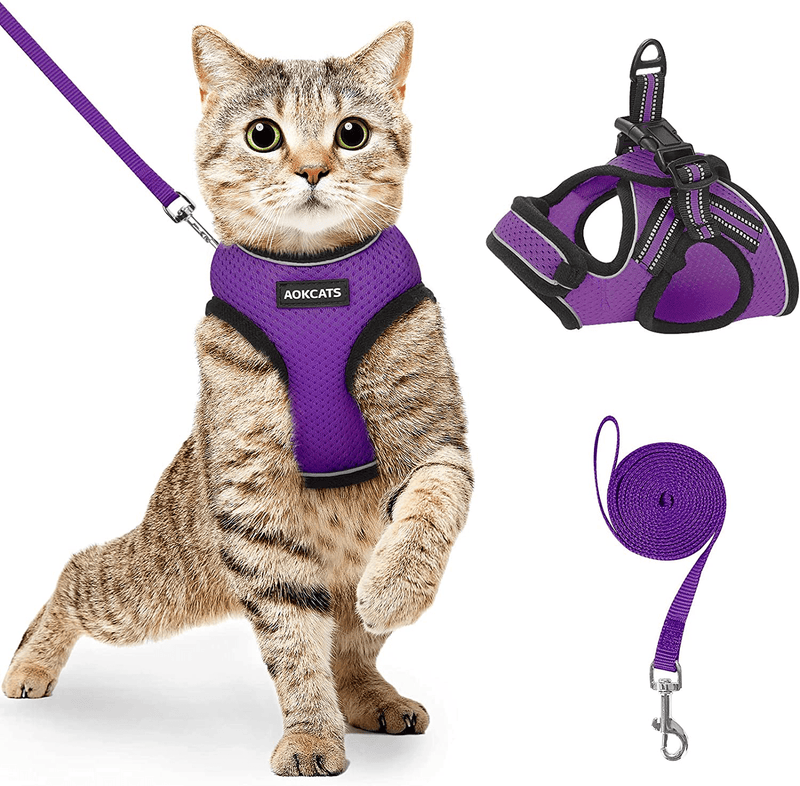 AOKCATS Cat Harness and Leash for Walking Escape Proof, Soft Adjustable Cat Leash and Harness Set with Reflective Strip & Hook and Loop Cat Vest Harness and Leash for Cats Kitten Small Pet Animals & Pet Supplies > Pet Supplies > Cat Supplies > Cat Apparel AOKCATS Purple Small (Pack of 1) 