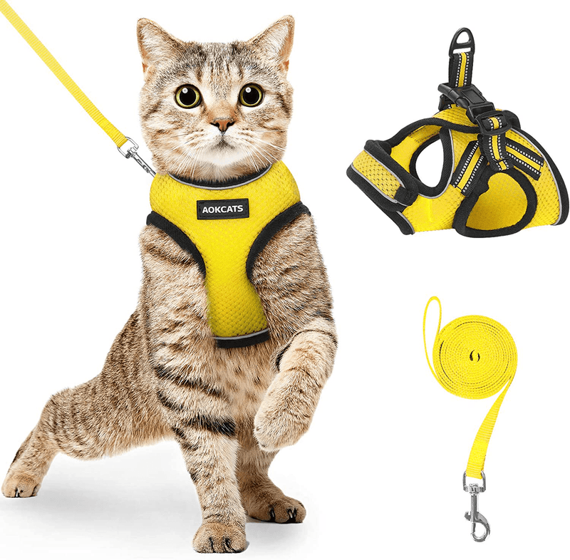 AOKCATS Cat Harness and Leash for Walking Escape Proof, Soft Adjustable Cat Leash and Harness Set with Reflective Strip & Hook and Loop Cat Vest Harness and Leash for Cats Kitten Small Pet Animals & Pet Supplies > Pet Supplies > Cat Supplies > Cat Apparel AOKCATS Yellow Small (Pack of 1) 