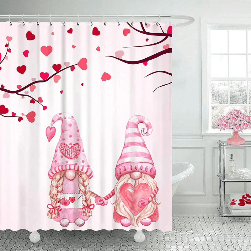 Aoke Valentine'S Day Gnome Shower Curtain, Pink Loving Hearts Tree Cute Shower Curtains for Bathroom Decor, Romantic Fabric Waterproof Bath Curtain Sets with Hooks, 72 X 72 Inch