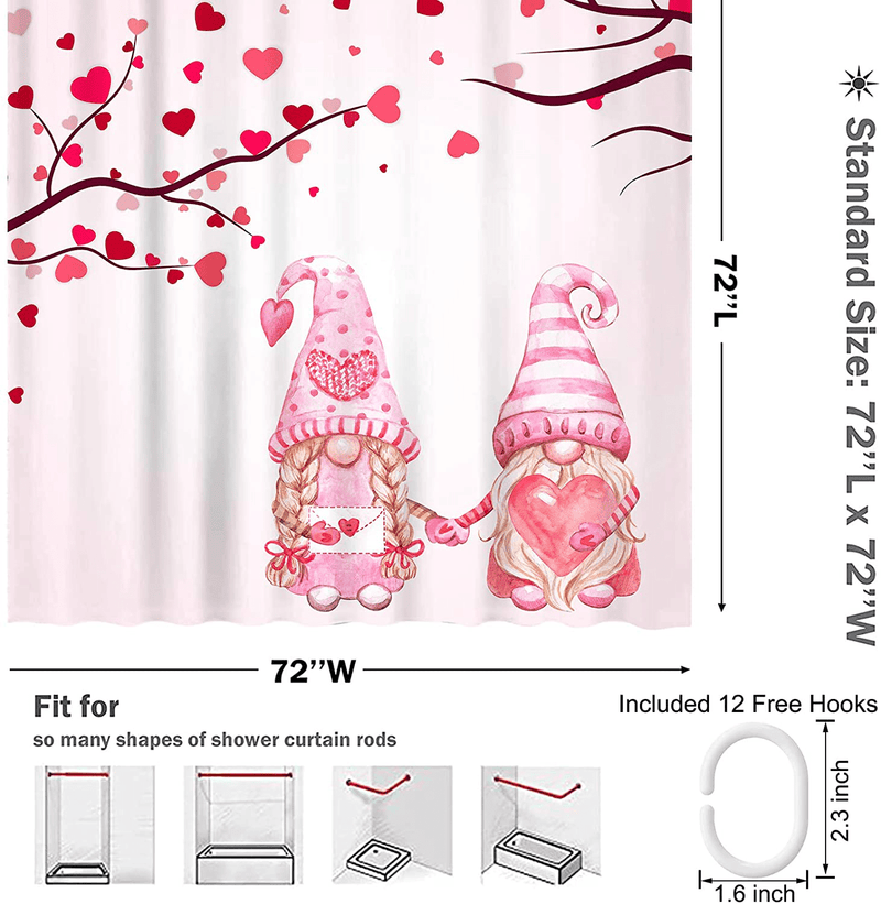 Aoke Valentine'S Day Gnome Shower Curtain, Pink Loving Hearts Tree Cute Shower Curtains for Bathroom Decor, Romantic Fabric Waterproof Bath Curtain Sets with Hooks, 72 X 72 Inch
