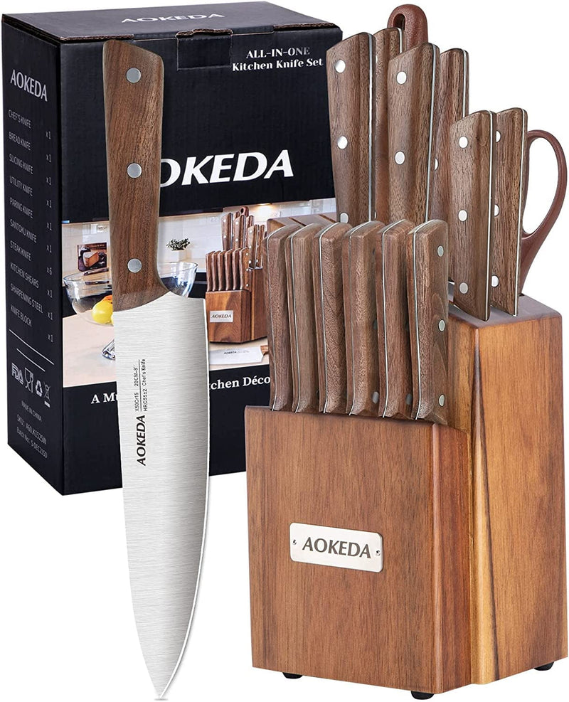 AOKEDA 15-Piece Kitchen Knife Set with Block, Upright Wood Base, Include Sharpener, Kitchen Shears (Ultra-Light Set) Home & Garden > Kitchen & Dining > Kitchen Tools & Utensils > Kitchen Knives AOKEDA 15PCS - Straight  