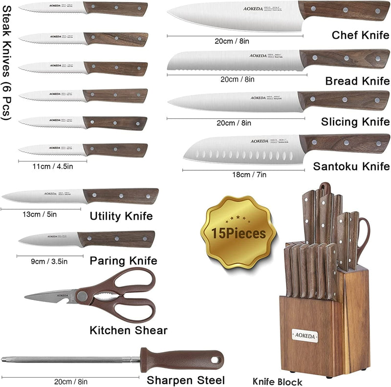 AOKEDA 15-Piece Kitchen Knife Set with Block, Upright Wood Base, Include Sharpener, Kitchen Shears (Ultra-Light Set) Home & Garden > Kitchen & Dining > Kitchen Tools & Utensils > Kitchen Knives AOKEDA   