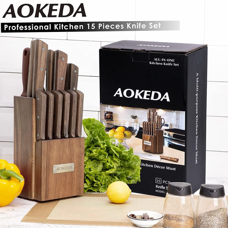 AOKEDA 15-Piece Kitchen Knife Set with Block, Upright Wood Base, Include Sharpener, Kitchen Shears (Ultra-Light Set) Home & Garden > Kitchen & Dining > Kitchen Tools & Utensils > Kitchen Knives AOKEDA   