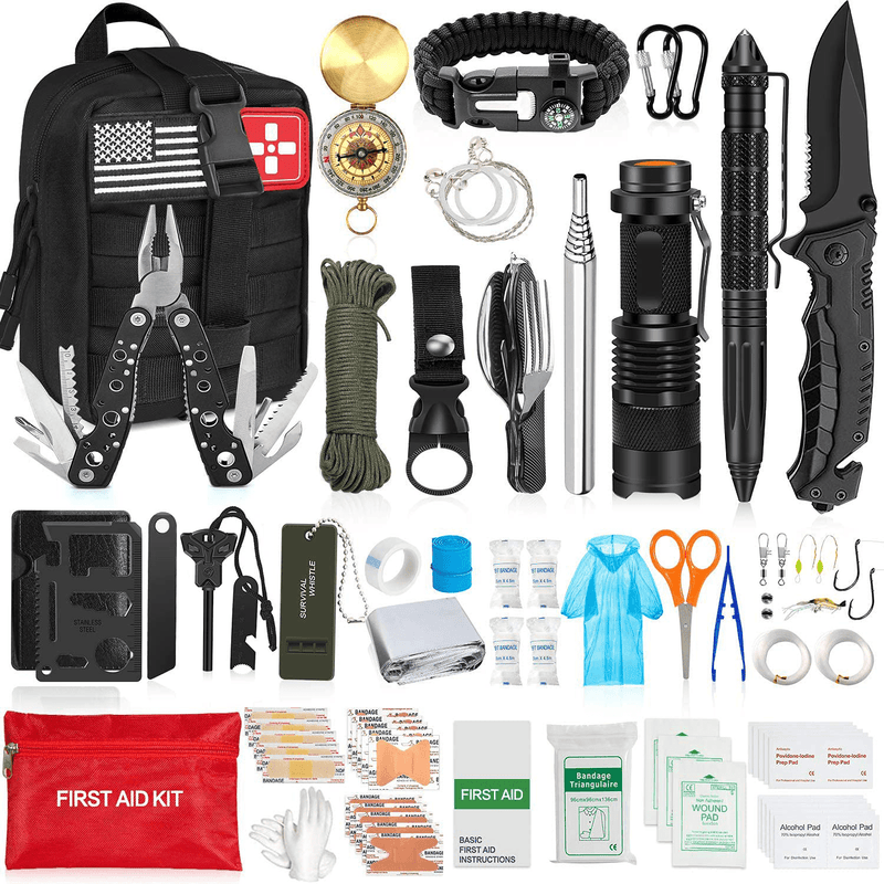 Aokiwo 200Pcs Emergency Survival Kit and First Aid Kit Professional Survival Gear SOS Emergency Tool with Molle Pouch for Camping Adventures