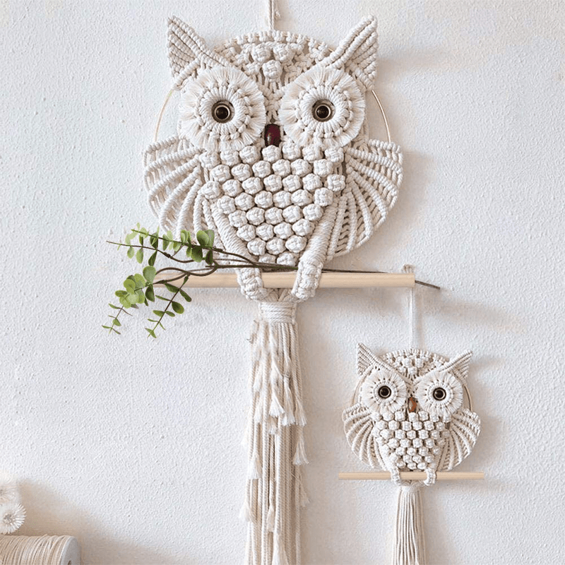 AOMGD 2 Pcs Owl Macrame Wall Hanging Tapestry Art Decor Handmade Woven Boho Ornament Wall Hanger for Office Bedroom Apartment Living Room Nursery Gallery(Width: 11.8"& 5.9") Home & Garden > Decor > Seasonal & Holiday Decorations AOMGD   