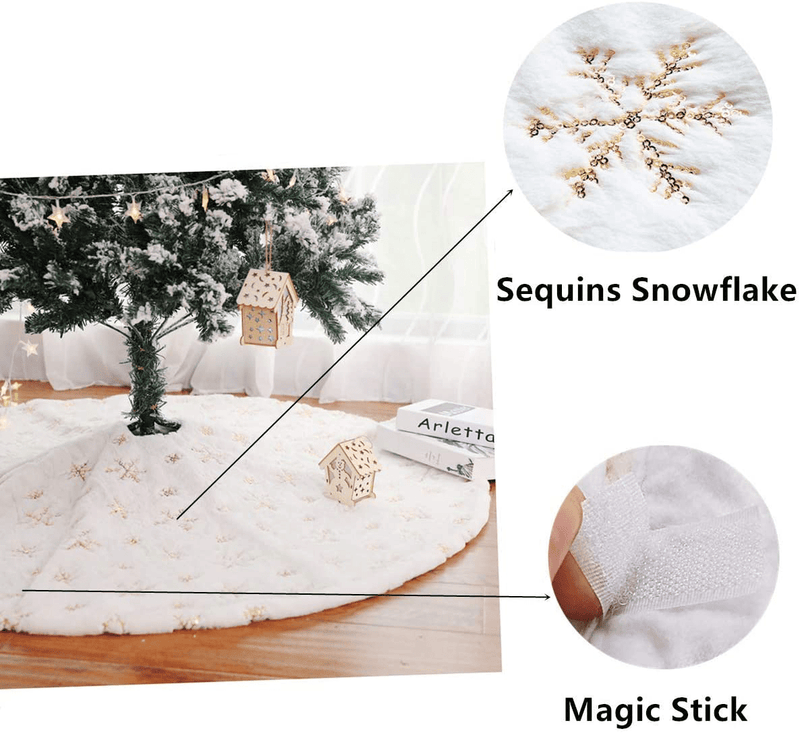 Aophire Christmas Tree Skirt,48 Inch White and Gold Tree Skirt,White Faux Fur with Gold Sequins Snowflake Xmas Tree Mat (White and Gold)