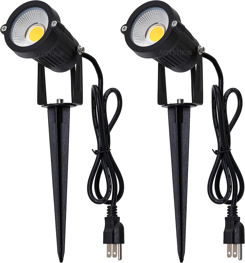 AOTSTIK Outdoor LED Spotlights 5W, 120V AC, 3000K Warm White, Outdoor Use, Metal Ground Stake, Flag Light, Outdoor Spotlight with Stake, UL Cord 3-Ft with Plug , Pack of 2