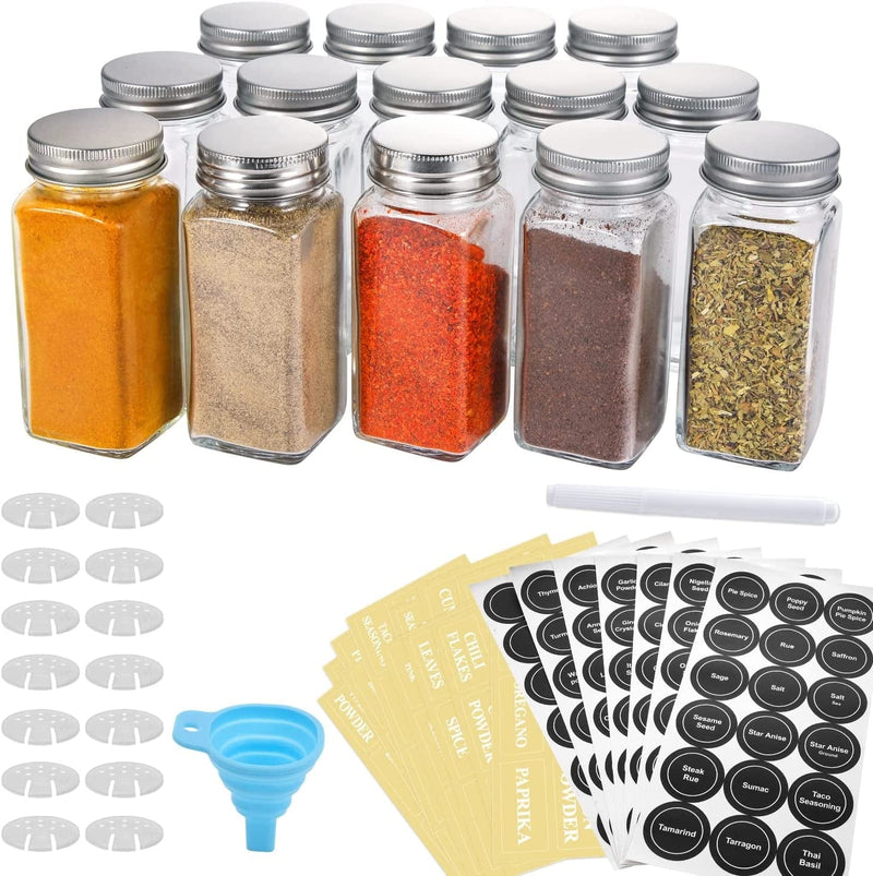 Aozita 14 Pcs Glass Spice Jars with Spice Labels - 8Oz Empty Square Spice Bottles - Shaker Lids and Airtight Metal Caps - Chalk Marker and Silicone Collapsible Funnel Included Home & Garden > Decor > Decorative Jars AOZITA AO-14  