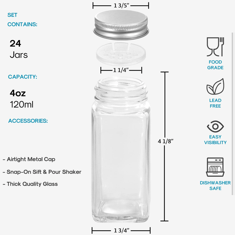 Aozita 24 Pcs Glass Spice Jars/Bottles - 4oz Empty Square Spice Containers with 810 Spice Labels - Shaker Lids and Airtight Metal Caps - Silicone Collapsible Funnel Included