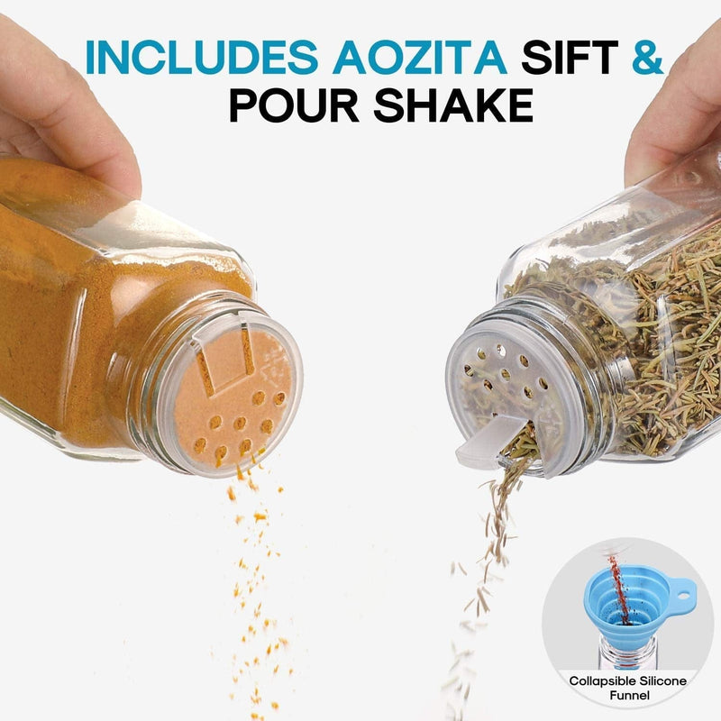 AOZITA 24 Pcs Glass Spice Jars / Bottles with Spice Labels - 4Oz Empty Square Spice Containers, Condiment Pot - Shaker Lids and Airtight Metal Caps - Silicone Collapsible Funnel Included Home & Garden > Decor > Decorative Jars AOZITA   