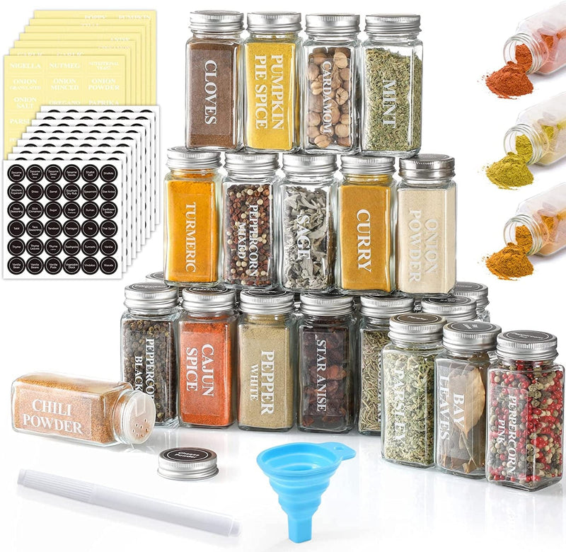 AOZITA 24 Pcs Glass Spice Jars / Bottles with Spice Labels - 4Oz Empty Square Spice Containers, Condiment Pot - Shaker Lids and Airtight Metal Caps - Silicone Collapsible Funnel Included Home & Garden > Decor > Decorative Jars AOZITA   